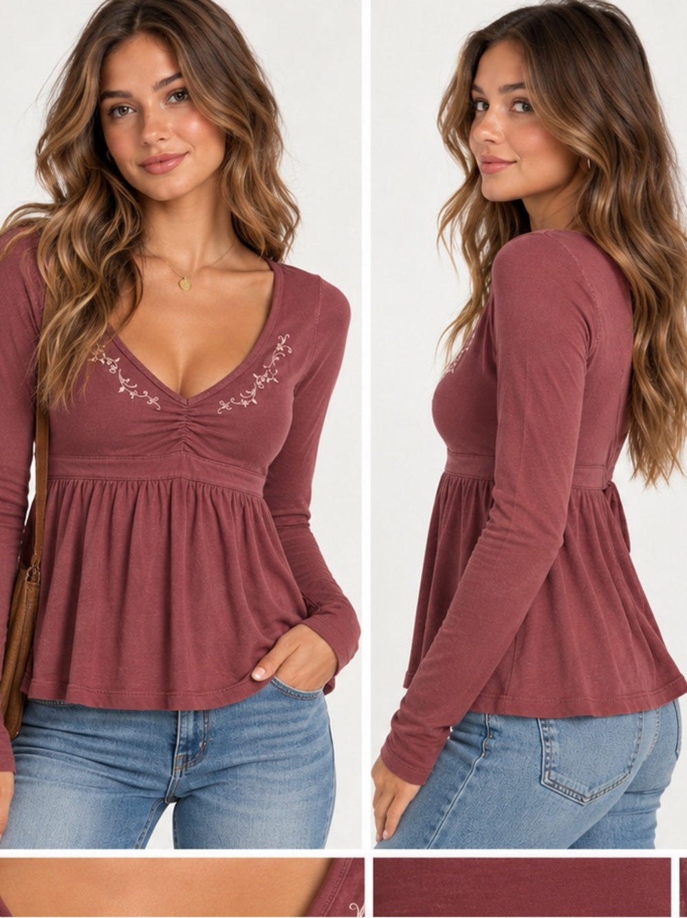Hollister Y2K Embroidered Babydoll Top XS Burgundy Long Sleeve